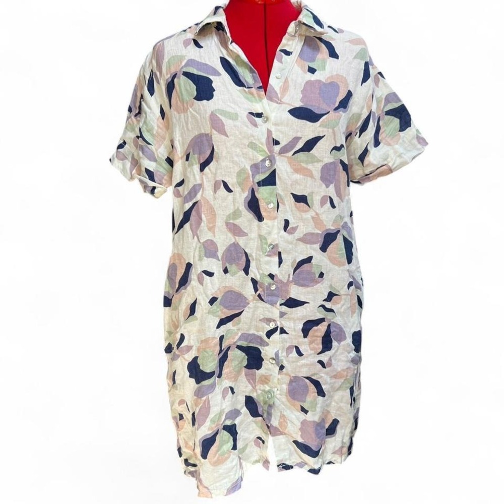 Rachel Zoe Purple Green Pink & Cream linen Short Sleeve Shirt Dress Size Medium